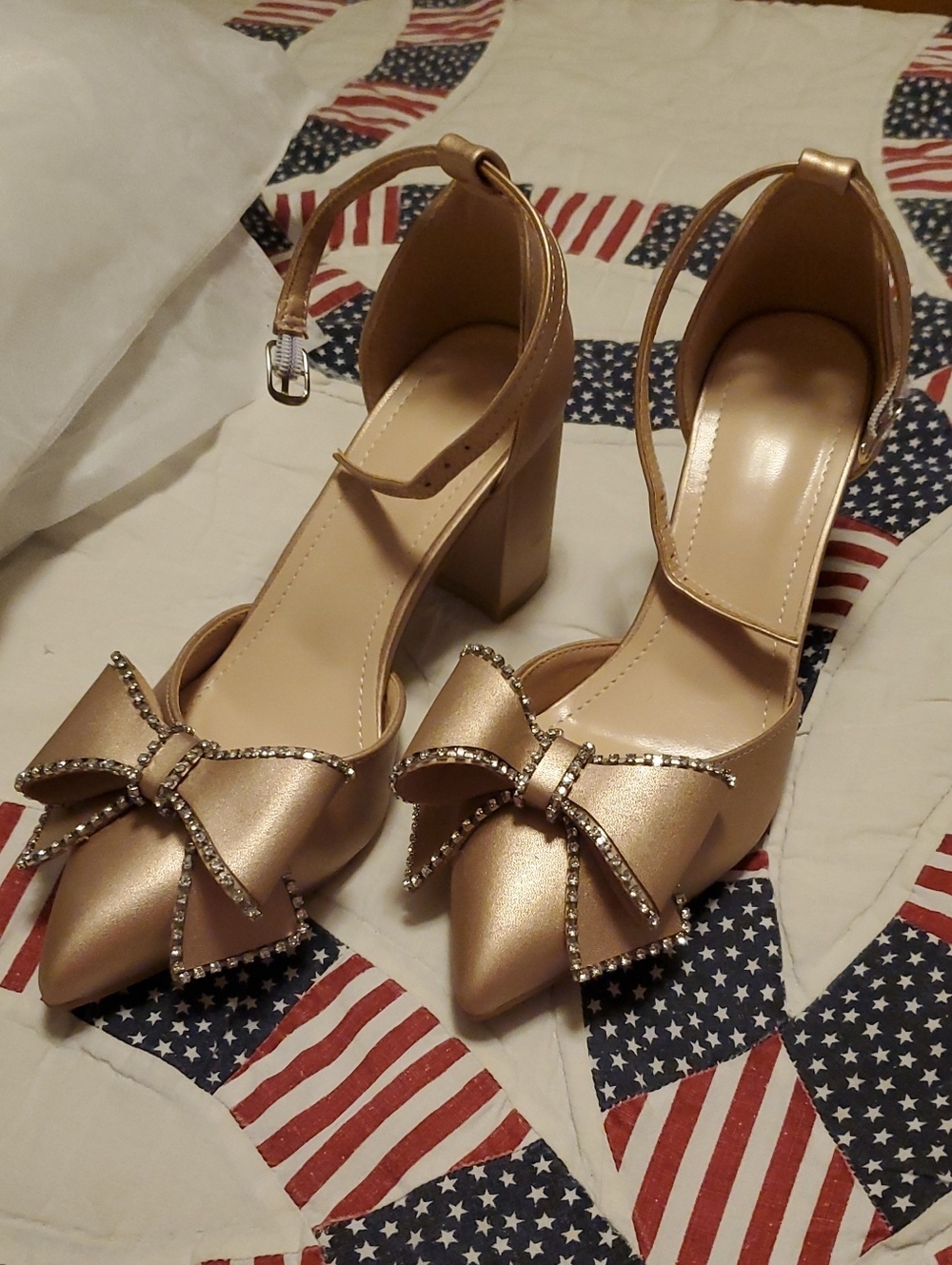 Women's Metallic Bow Block Heel Ankle-Strap Pumps - Rose Gold